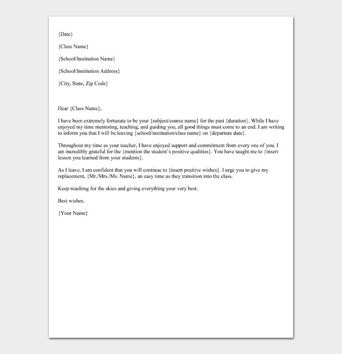 Farewell Letter to Students from Teacher (Word Template)