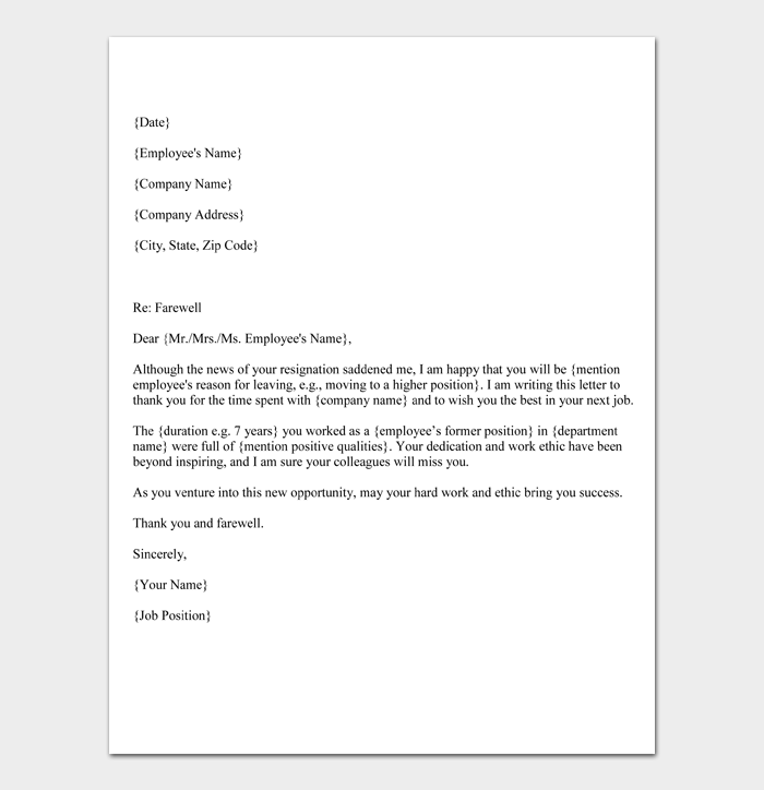 Farewell letter to Employee (Template)