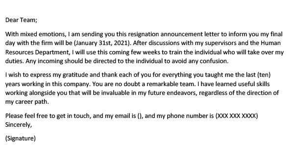 Resignation announcement letter to colleagues
