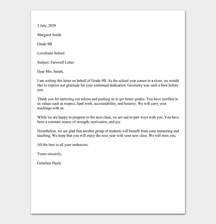 Sample Farewell Letter to Teacher